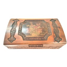 Vintage Hand Carved Cedar Wood Jewelry Box Floral Decal Footed Keepsake Chest picture