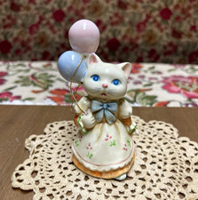 Vintage Takahashi Porcelain Cat Figurine In Dress Holding Pink & Blue Balloons picture
