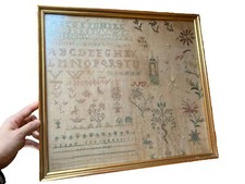 1802 Antique Needlework Sampler Adam and Eve Motif folk art Highly Figural picture