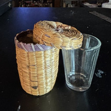 Vintage Native American Sweetgrass & Ash Trinket Basket with Lid and Glass Liner picture