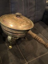 Vtg Douro Brand Copper & Brass Chafing Dish Fondue Pot w/Wood Handles Portugal picture