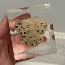 Authentic Pre Columbian Pottery Effigy Fragment Encased In Lucite Cube 3.5” picture