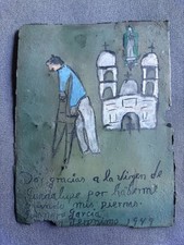 Antique Mexican Folk Art Tin Ex Voto Retablo VIRGEN DE GUADA 1949 4.25