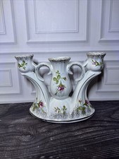Vintage Chodziez Poland Porcelain 3 Arm Candelabra Iwona Pink Moss Rose picture