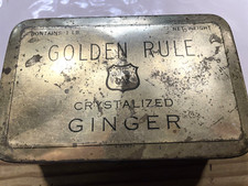 VINTAGE Antique Golden Rule Crystalized Ginger HINGED Tin Can 1 lb picture