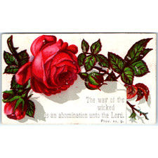 c1880s Victorian Red Rose Bible Verse Calling Card Proverbs 15:9 Religious Vtg picture
