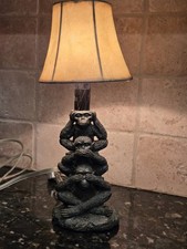 Vintage Resin Three Wise Monkeys Faux Bronze Lamp See No, Hear No, Speak No Evil picture