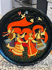 Vintage Russian Lacquer Plate Folk Art Hand-Painted Khorovod Dancers Doves USSR picture