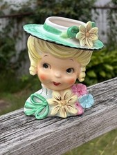 Vintage Nippon Japan MCM Blonde Lady Girl In Hat W/ Flowers Head Vase picture