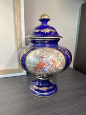 Keramos Italy Cobalt Blue Porcelain Urn Bowl Hand‑Painted Gold Detail  Vintage  picture