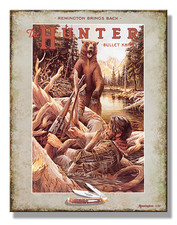 Remington The Hunter Bullet Knife Tin Metal Sign Man Cave Garage Decor 12.5 X 16 picture