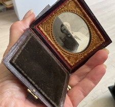 Rare 1850s 1/9 Plate Ambrotype Young Man Painted Back Drop Two-Way Viewing Case picture