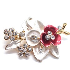 Floral White Red Rhinestone Pin Vintage Lapel Brooch Costume Statement picture