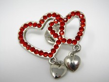 Double Heart Brooch Pin Red Rhinestone Pave Silver Tone Dangle Charms Valentine picture