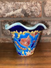 Vintage Emaux de Longwy Floral Enamel Vase/Planter Cache-Pot Fluted Edges picture