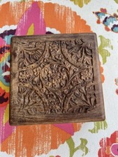 Vintage Archana Crafts India Hand Carved Wooden Trinket Box Floral Sheesham Wood picture