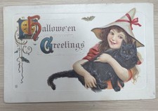 Vintage Halloween Greetings Postcard Witch Girl Hat Black Cat Stecher 332 picture