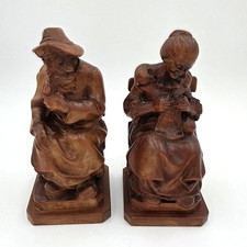 Vintage Heinzeller Oberammergau Hand Carved Wood Seated Old Man & Woman Figures picture