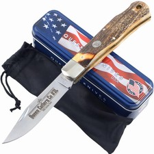 Queen Lockback Folding Pocket Knife Burnt Stag Horn Handle Clip Point Blade picture