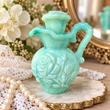 Vintage Avon Jadeite Green Milk Glass Rose Pitcher Perfume Bath Oil Bottle picture
