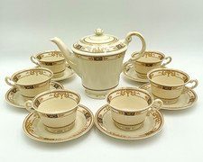 Syracuse China Old Ivory Webster 13 Pc Tea Set Teapot 6 Cups & Saucers Gold picture