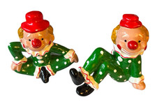 Happy Clown Ceramic Figurines Vintage Retro Circus Figures Green Polka Dots picture