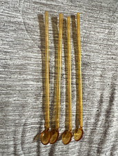 Set of 4 Vintage Amber glass Cocktail Swizzle Sticks, Spoon End, 8 in picture