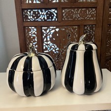 Striped Pumpkin PAIR Canister Jars 8 inch Mackenzie Childs Style Ceramic NEW x2 picture