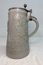 Large Antique 1800's German pottery porcelain pewter lidded beer stein mug picture