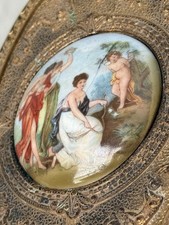 Antique Hand Brush Bronze Metal With Porcelain Handpainted Scene Victorian Era picture
