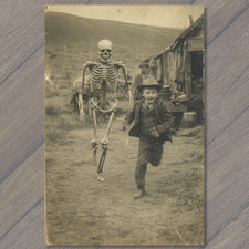 POSTCARD Boy Running Skeleton Halloween Creepy Funny Odd Antique Style Humor picture