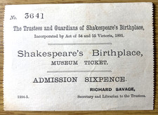 1894 SHAKESPEARE'S BIRTHPLACE MUSEUM antique ticket ephemera sixpence ENGLAND UK picture