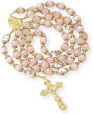 Pink Jade Crystal Beads Gold Rosary Necklace Miraculous Locket Medal &  Cross picture
