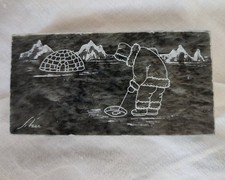Vintage Inuit Soapstone Carving Signed Siku Eskimo Ice Fishing Igloo Canada Art picture