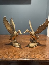 Vintage Solid Brass Flying Ducks Set of 2 Large 11” Mallard Geese MCM Decor Pair picture