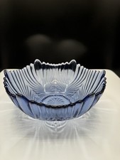 Vintage Fenton Blue Glass Peacock Tail Fan Scalloped Bowl 9.5” Marked picture
