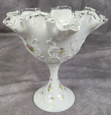 Fenton Silver Crest Compote Violets in the Snow Hand Painted Milk Glass Pedestal picture