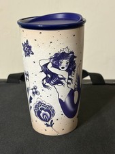 Starbucks 2016 Blue Mermaid Siren Sailor Tattoo Ceramic Travel 12oz Tumbler Lid picture