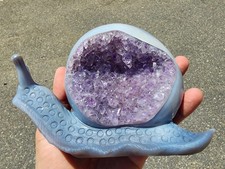 Large Gray Agate Amethyst Geode Snail Carving UV Reactive Crystal Sculpture picture