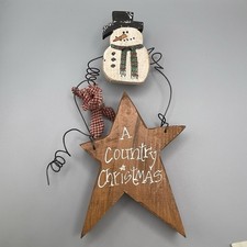 Vtg Wooden Star Snowman Farm House Christmas Decor Standing Wire Primitive Folk picture
