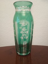 Vtg. Green Cut To Clear Glass Vase,Etched Stylized Flowers, Fluted, Japan 8.25