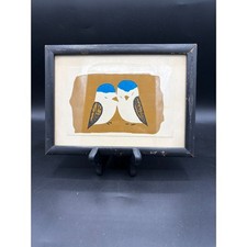 Vintage MCM Blue Birds Woodblock Style Print Aaron Brothers Frame Folk Art 1950s picture