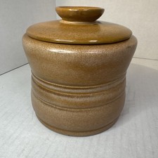Vintage Francoma Pottery Crock Covered Small Coffee Canister Brown Sati Glaze picture