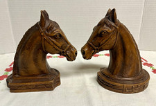 Vintage 1940s Syroco brown finish horse head bookends pair of 2 original labels picture