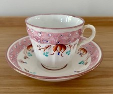 Antique 19C English Sprig Soft Paste Pink Copper Luster Cup Saucer Set Handpaint picture