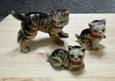 Vintage Royal Japan Mama Cat & 2 Kittens Figurines Striped Tabbies 1950’s picture