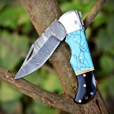 Damascus Pocket Knife Turquoise Handle Folding Valentine Gift For Men Him Sheath picture
