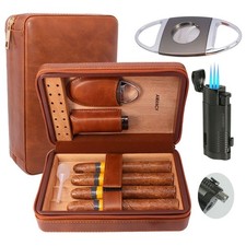 AMANCY Elegant Handmade Brown Leather Cedar Wood Lined 4 Cigar Humidor Case 3 picture
