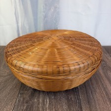 Vtg 11” Wide 4.5” Tall Woven Rattan/Wicker Round Storage Sewing Basket Boho picture