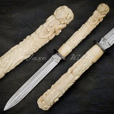Pair Hand Carved Handle Hand Forged Damascus Steel Bowie & Dagger picture
